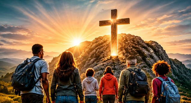 People walking together up a hill towards a cross at sunrise