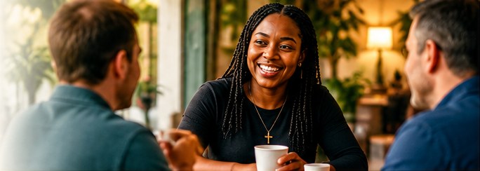 Friends chatting over coffee after a Sunday meeting
